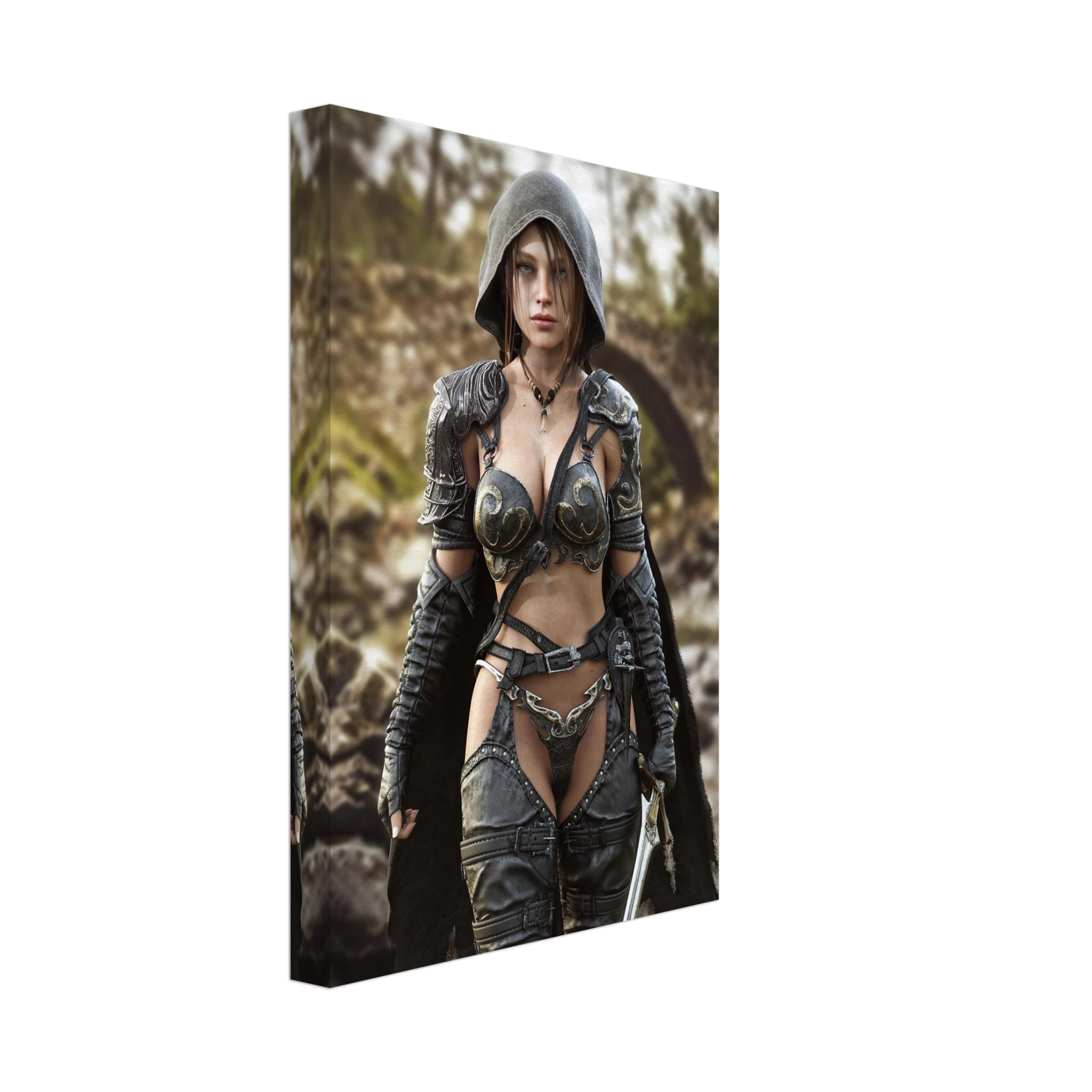 A handcrafted fantasy illustration featuring a determined female ranger walking through a rocky forest stream beneath a weathered stone bridge. She wears a hooded black cloak over intricately engraved silver armor with medieval-inspired detailing and carries an elegant sword at her side. Soft natural light illuminates her realistic facial features while the woodland landscape and flowing stream create an immersive atmosphere of exploration and adventure. Inspired by classic fantasy novels, tabletop role-pla