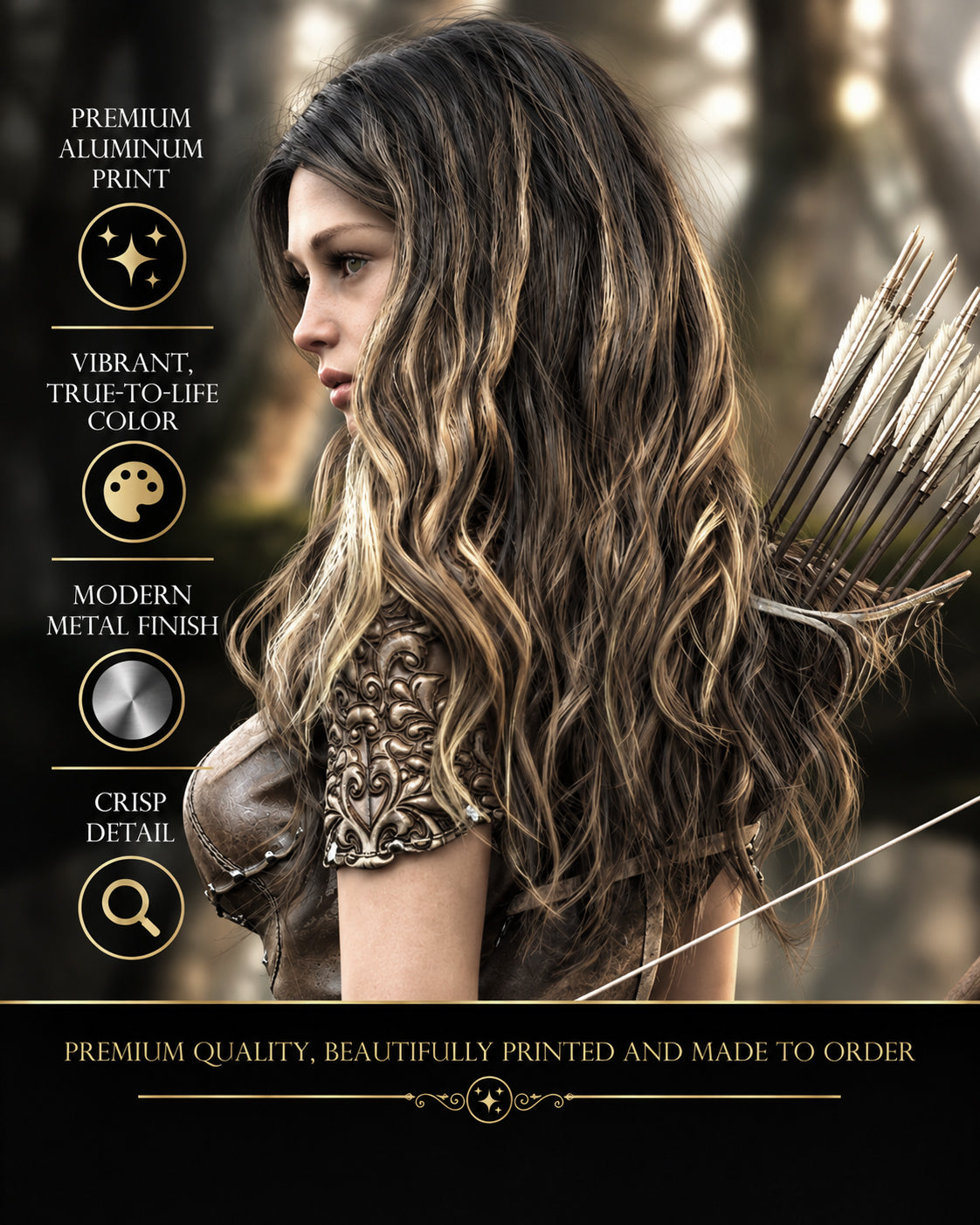 Female fantasy archer aluminum wall art showing vibrant color, modern metal finish and crisp detail by Digital Storm Cinema.