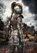 Female knight in battle-worn medieval armor holding a sword on a smoky fantasy battlefield with glowing embers and dramatic storm clouds.