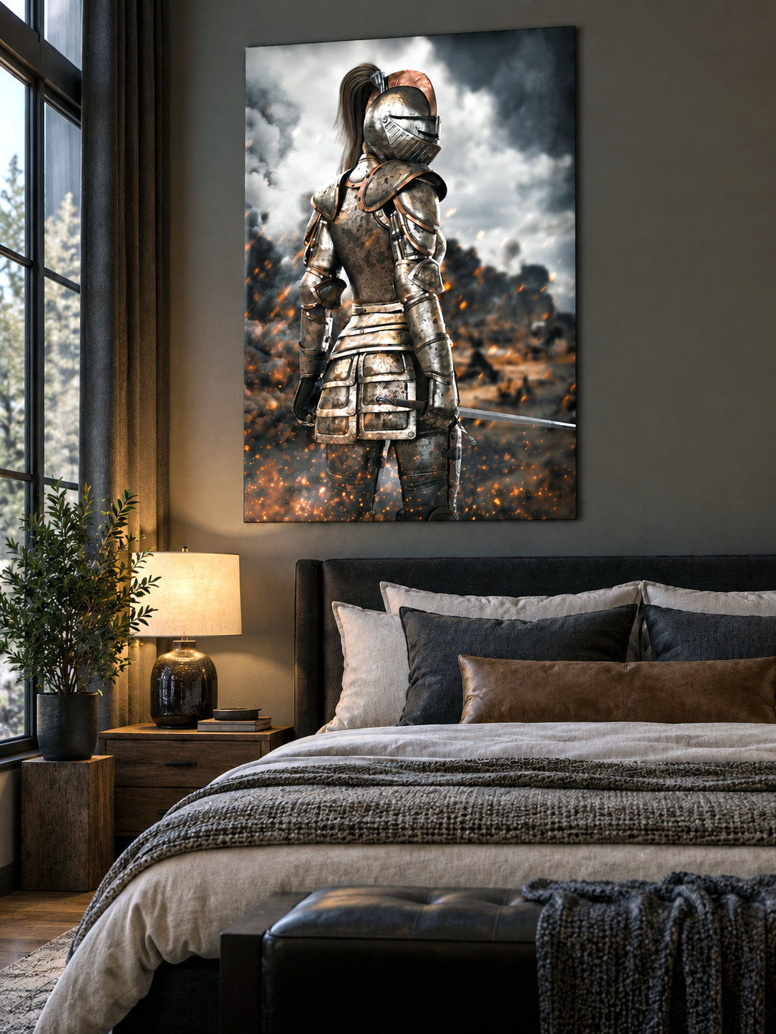 Female knight in battle-worn medieval armor holding a sword on a dramatic fantasy battlefield with smoke, fire and glowing embers.