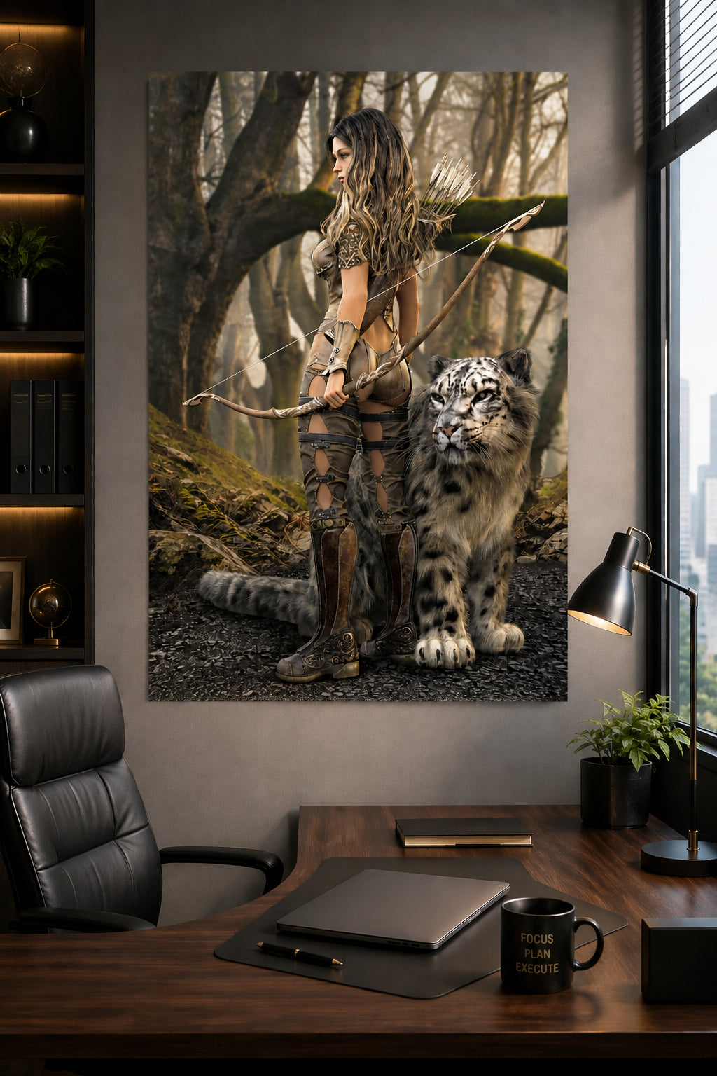 Fantasy woodland archer stands beside a majestic leopard in an enchanted forest, embodying courage, adventure, and the bond between guardian and beast.