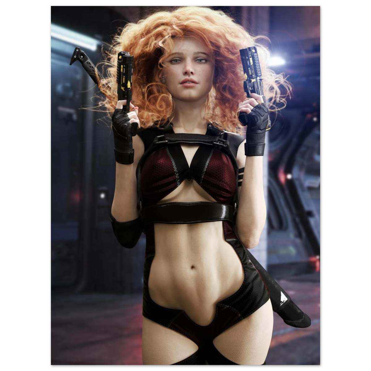 Red-haired female sci-fi warrior with dual futuristic pistols featured on an aluminum metal wall art print.