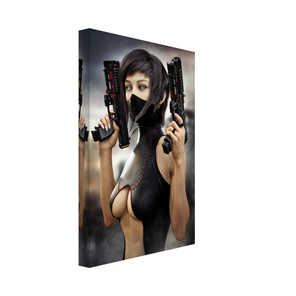 Sci-fi warrior with dual futuristic pistols on gallery wrapped canvas wall art featuring a masked female cyberpunk fighter.