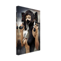 Sci-fi warrior with dual futuristic pistols on gallery wrapped canvas wall art featuring a masked female cyberpunk fighter.