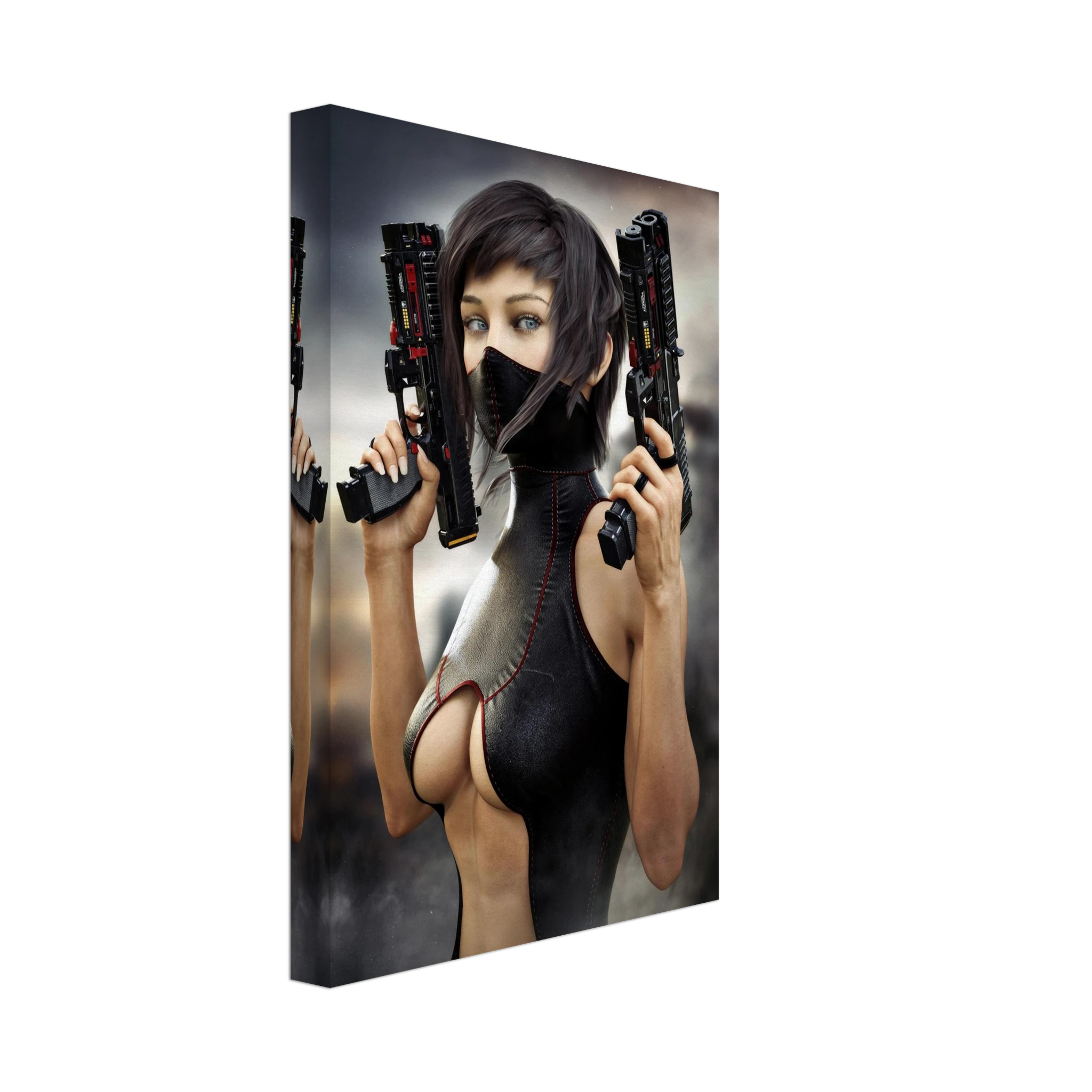 Sci-fi warrior with dual futuristic pistols on gallery wrapped canvas wall art featuring a masked female cyberpunk fighter.