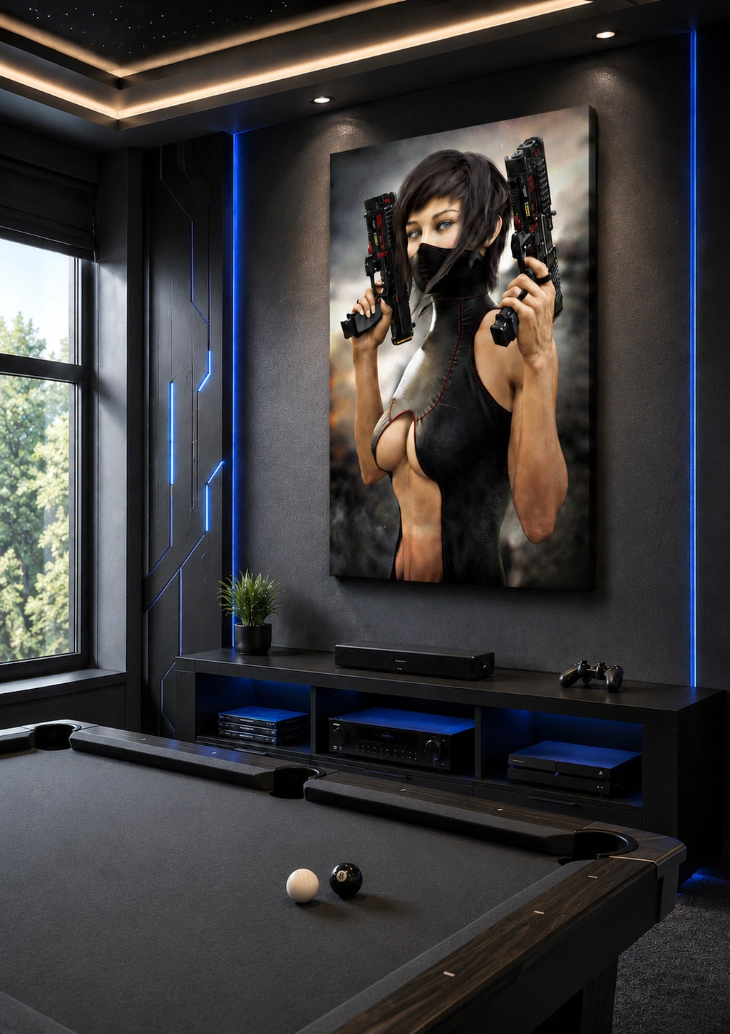 Sci-fi warrior with dual futuristic pistols on gallery wrapped canvas wall art featuring a masked female cyberpunk fighter. Art displayed in a futuristic game room. 