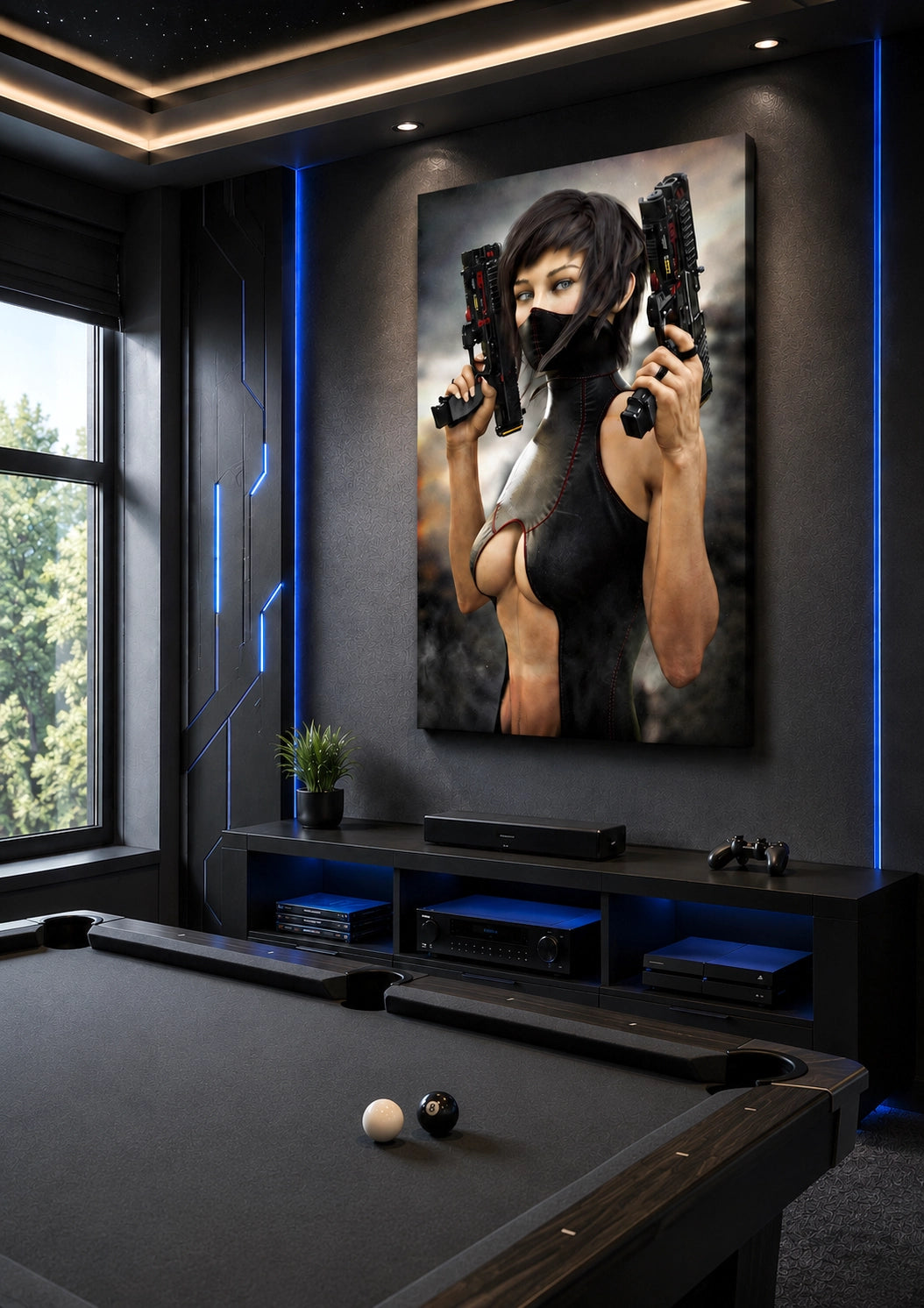 Sci-fi warrior with dual futuristic pistols on gallery wrapped canvas wall art featuring a masked female cyberpunk fighter. Art displayed in a futuristic game room. 