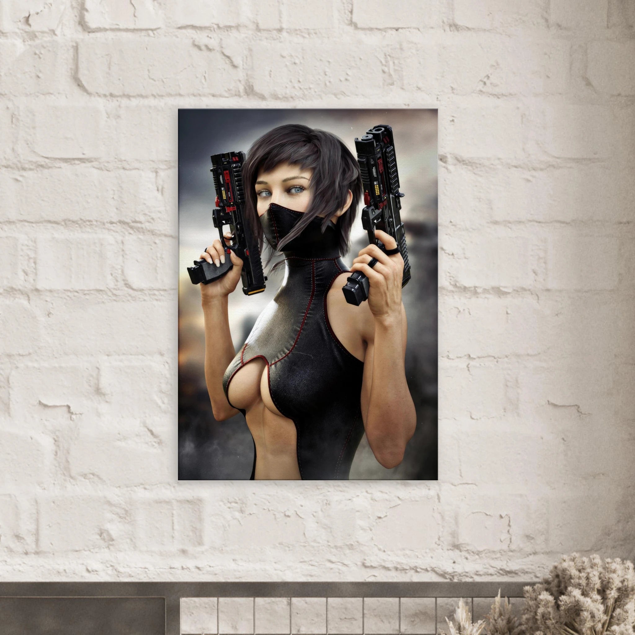 Sci-fi warrior with dual futuristic pistols on gallery wrapped canvas wall art featuring a masked female cyberpunk fighter. Art showcased on a white brick wall.