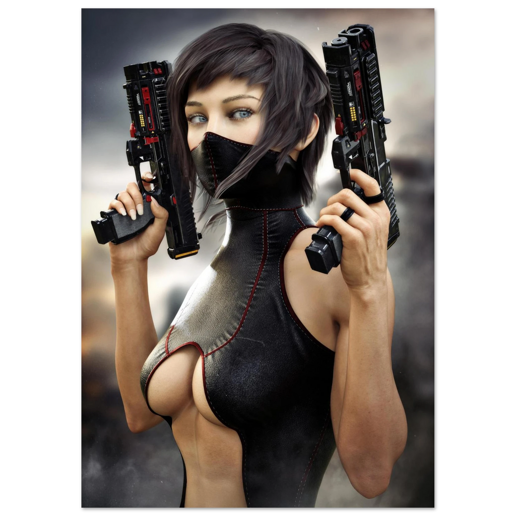 Masked female sci-fi warrior holding dual futuristic pistols in black cyberpunk tactical clothing with red accents