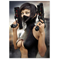 Masked female sci-fi warrior holding dual futuristic pistols in black cyberpunk tactical clothing with red accents