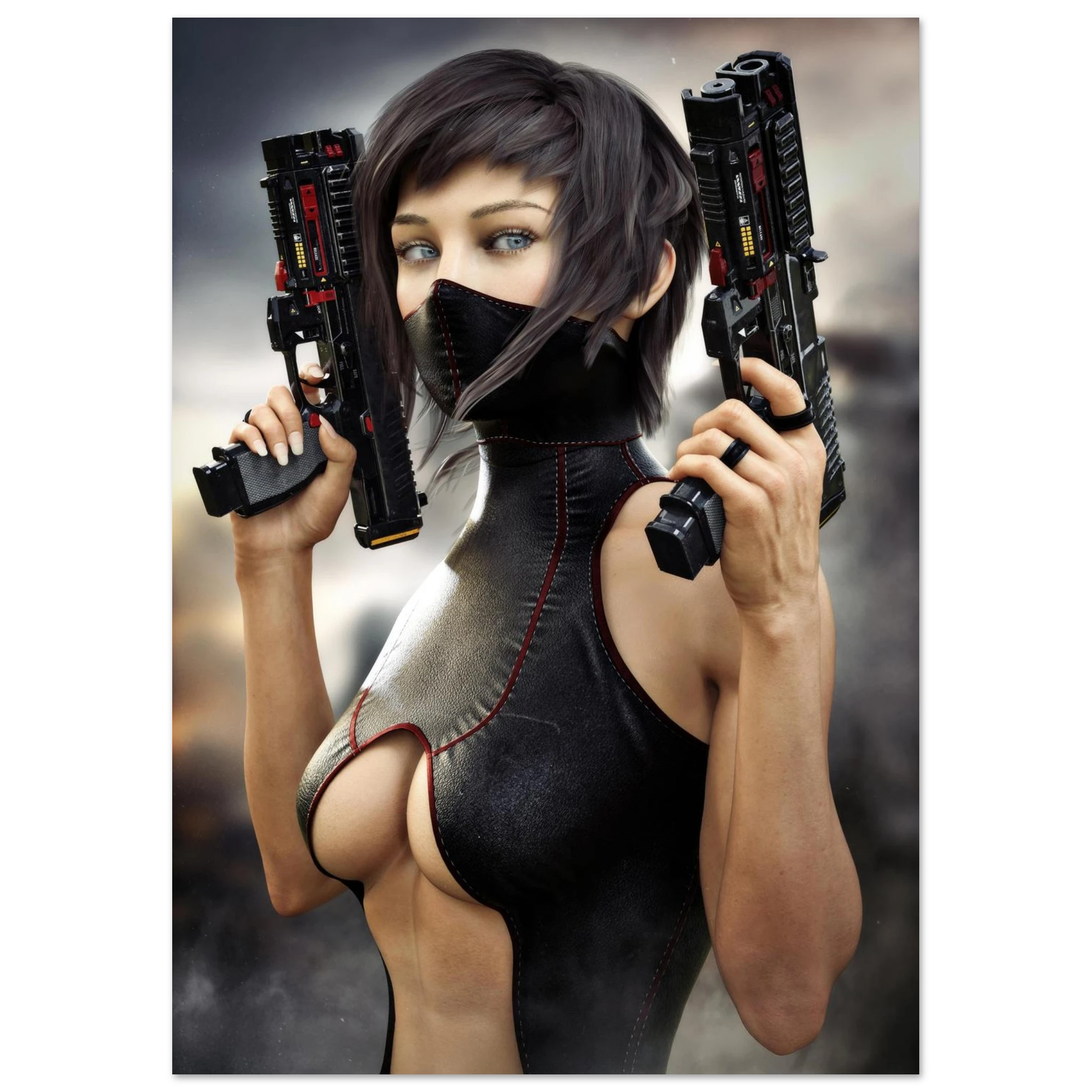 Masked female sci-fi warrior holding dual futuristic pistols in black cyberpunk tactical clothing with red accents