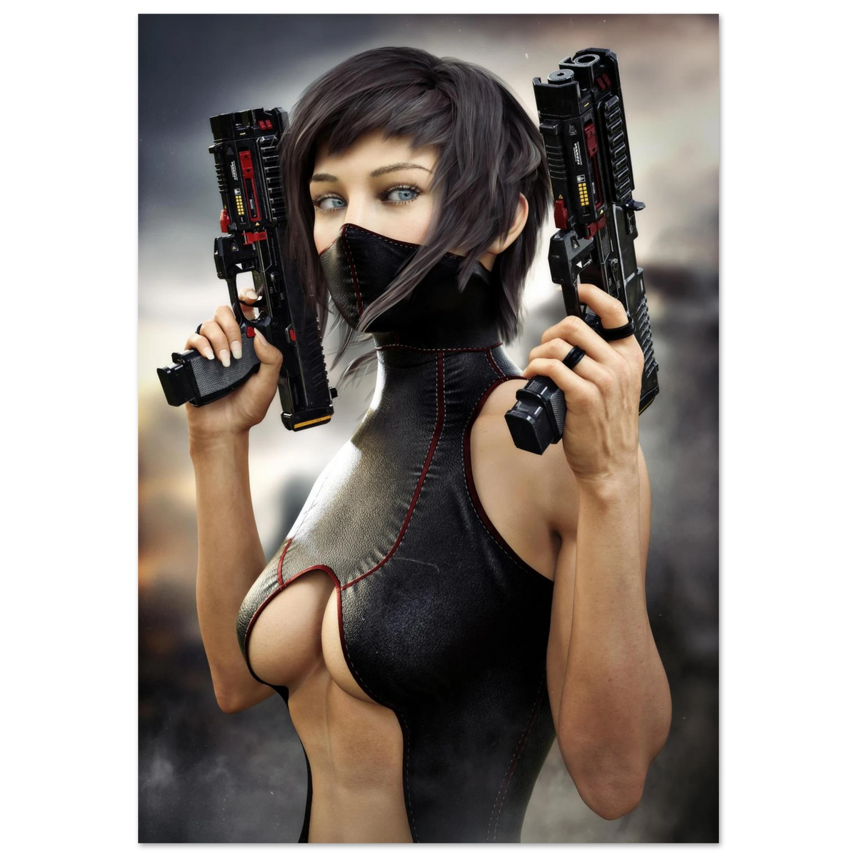 Masked female sci-fi warrior holding dual futuristic pistols in black cyberpunk tactical clothing with red accents aluminum print 