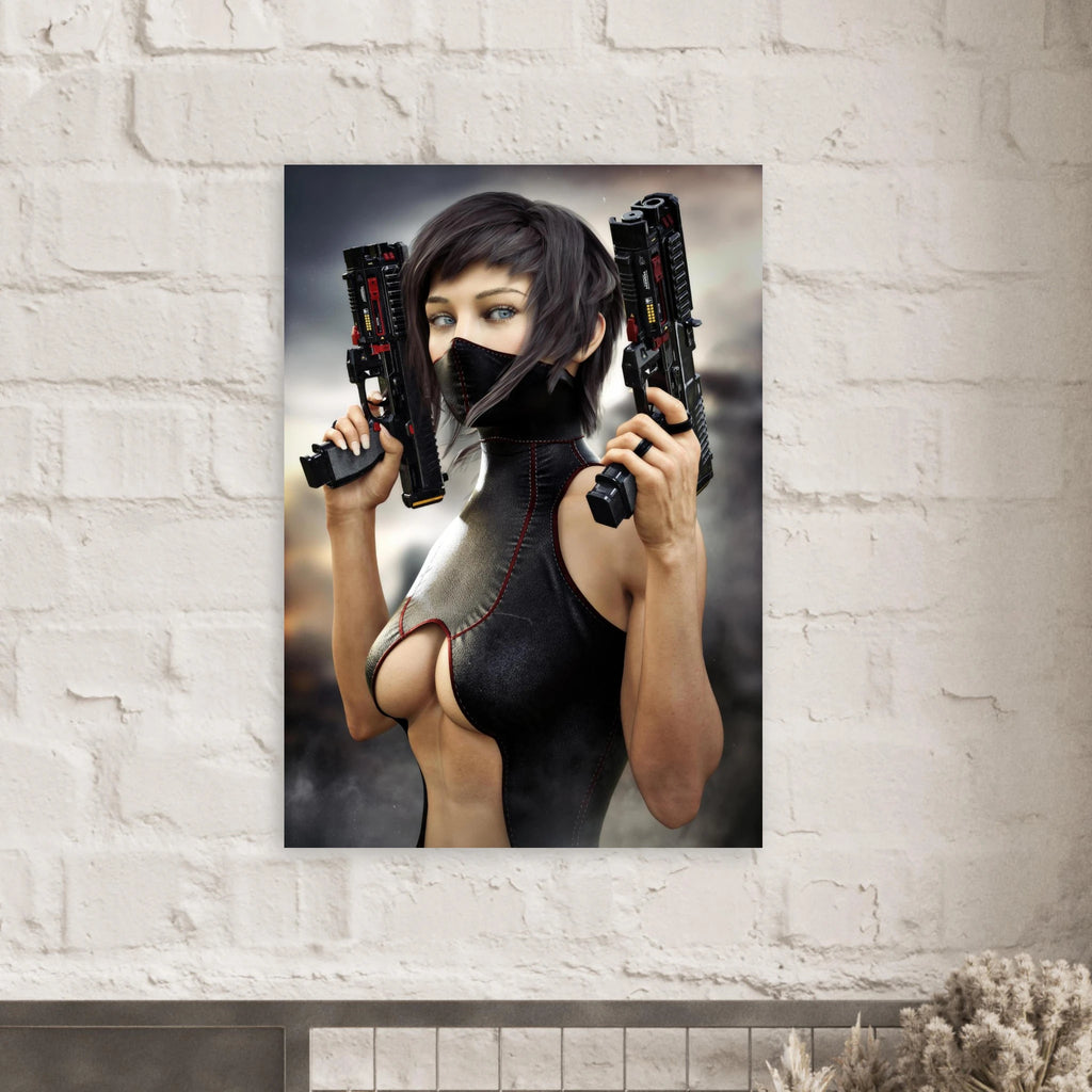 Masked female sci-fi warrior holding dual futuristic pistols in black cyberpunk tactical clothing with red accents aluminum print on wall