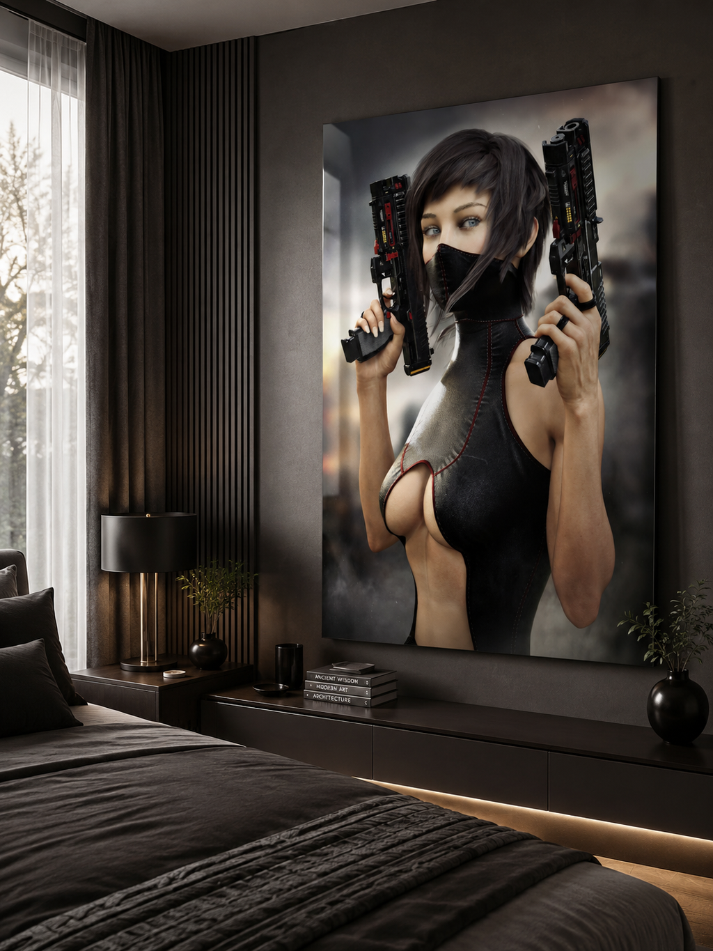 Masked female sci-fi warrior holding dual futuristic pistols in black cyberpunk tactical clothing with red accents aluminum print  in bedroom