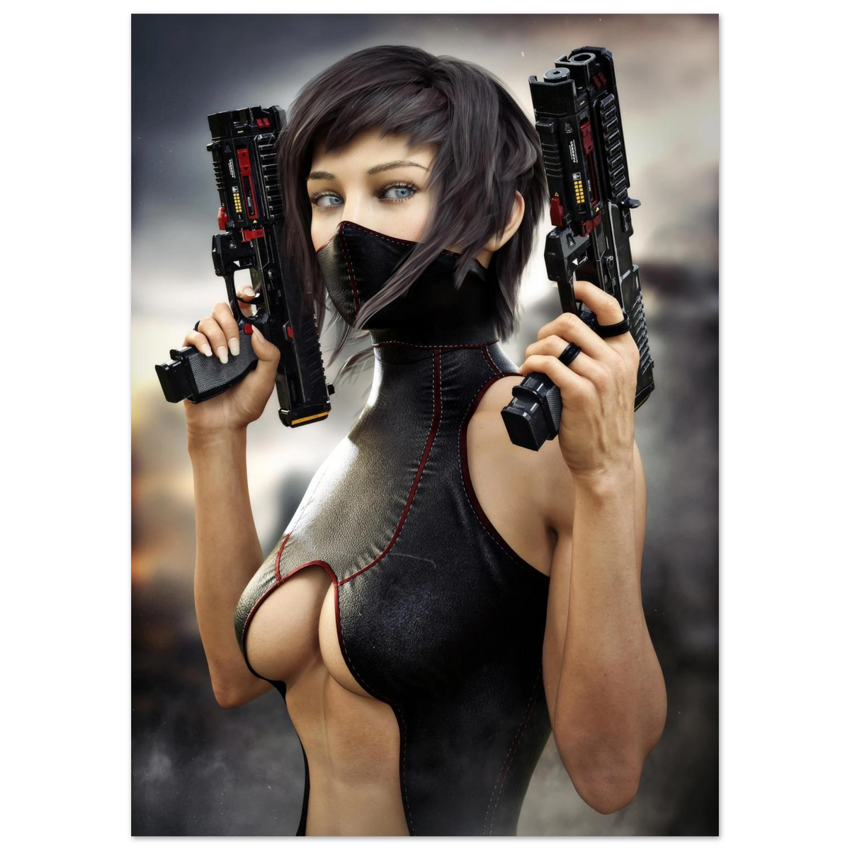 Masked female sci-fi warrior holding dual futuristic pistols in black cyberpunk tactical clothing with red accents aluminum print 