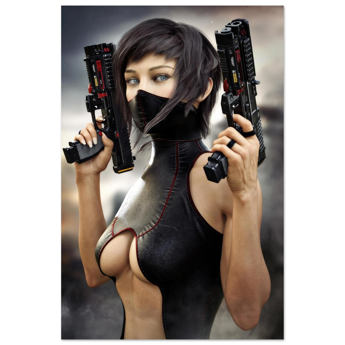 Masked female sci-fi warrior holding dual futuristic pistols in black cyberpunk tactical clothing with red accents aluminum print 