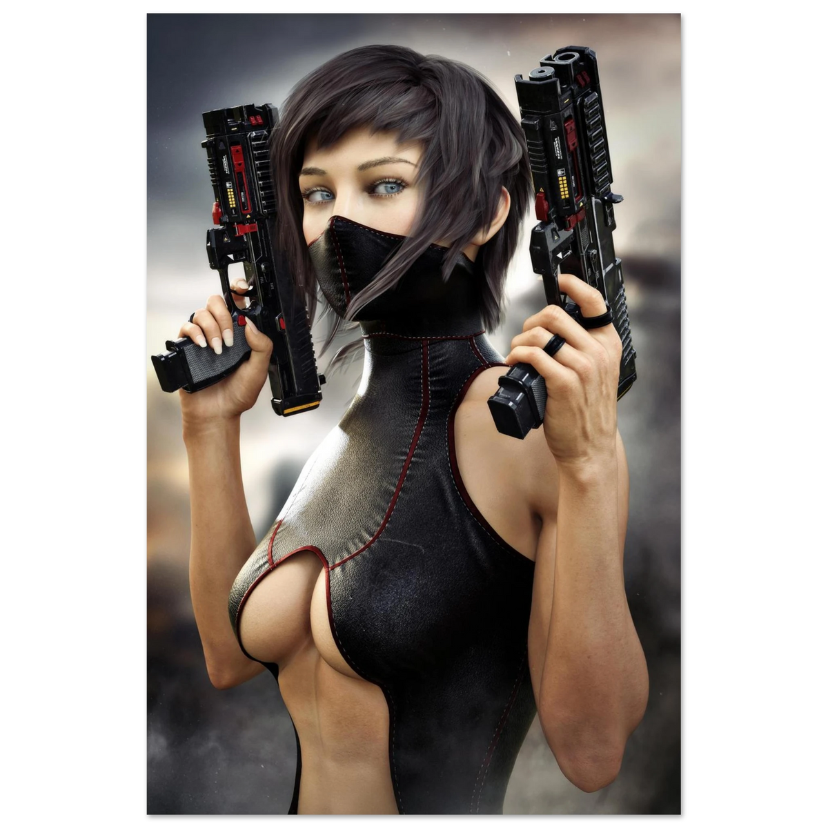 Masked female sci-fi warrior holding dual futuristic pistols in black cyberpunk tactical clothing with red accents aluminum print 