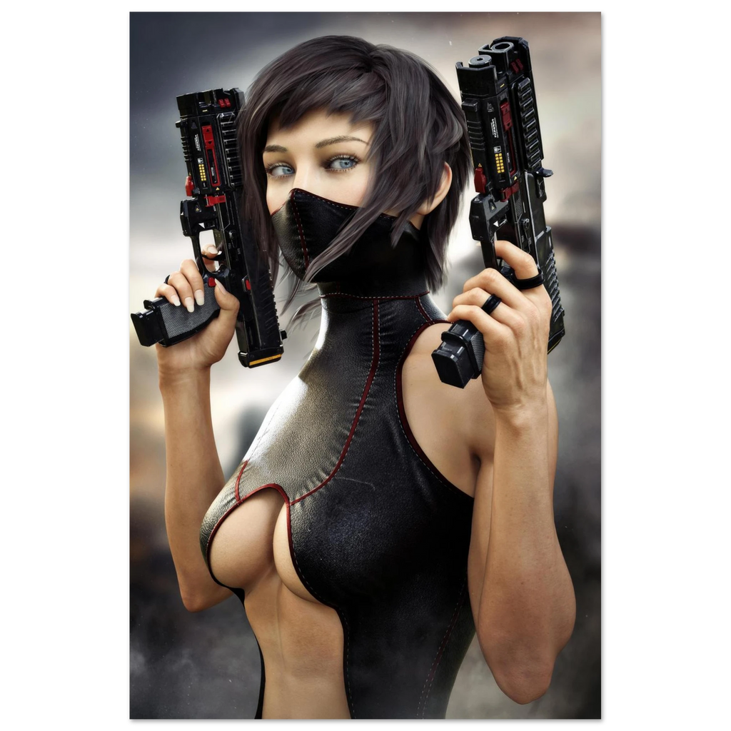 Masked female sci-fi warrior holding dual futuristic pistols in black cyberpunk tactical clothing with red accents aluminum print 