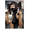 Masked female sci-fi warrior holding dual futuristic pistols in black cyberpunk tactical clothing with red accents aluminum print 