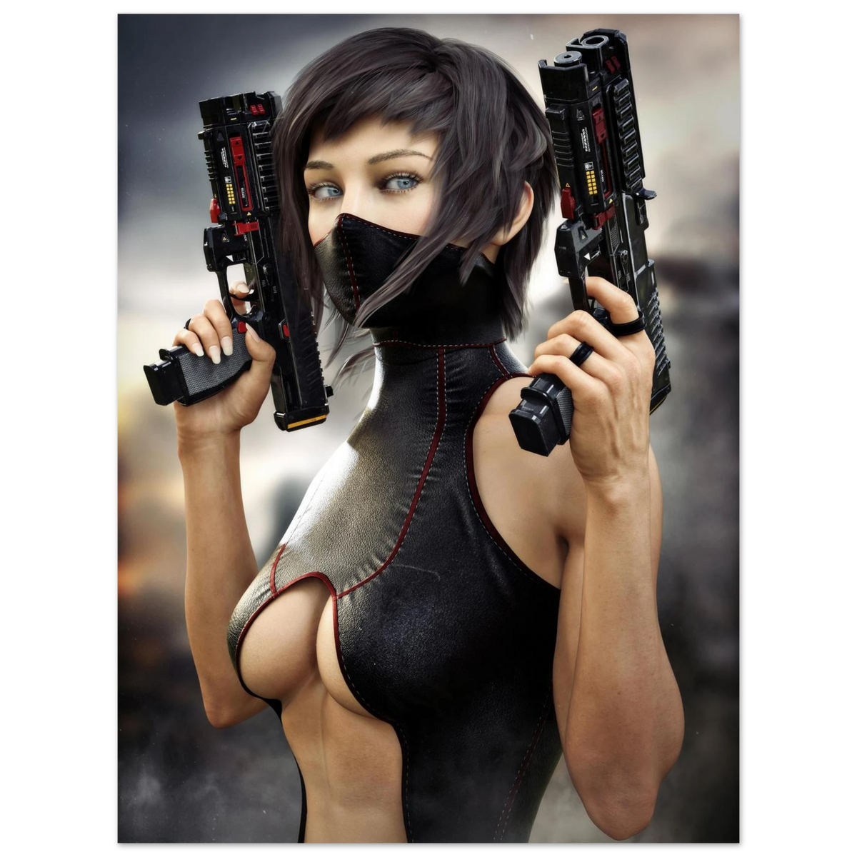 Masked female sci-fi warrior holding dual futuristic pistols in black cyberpunk tactical clothing with red accents aluminum print 
