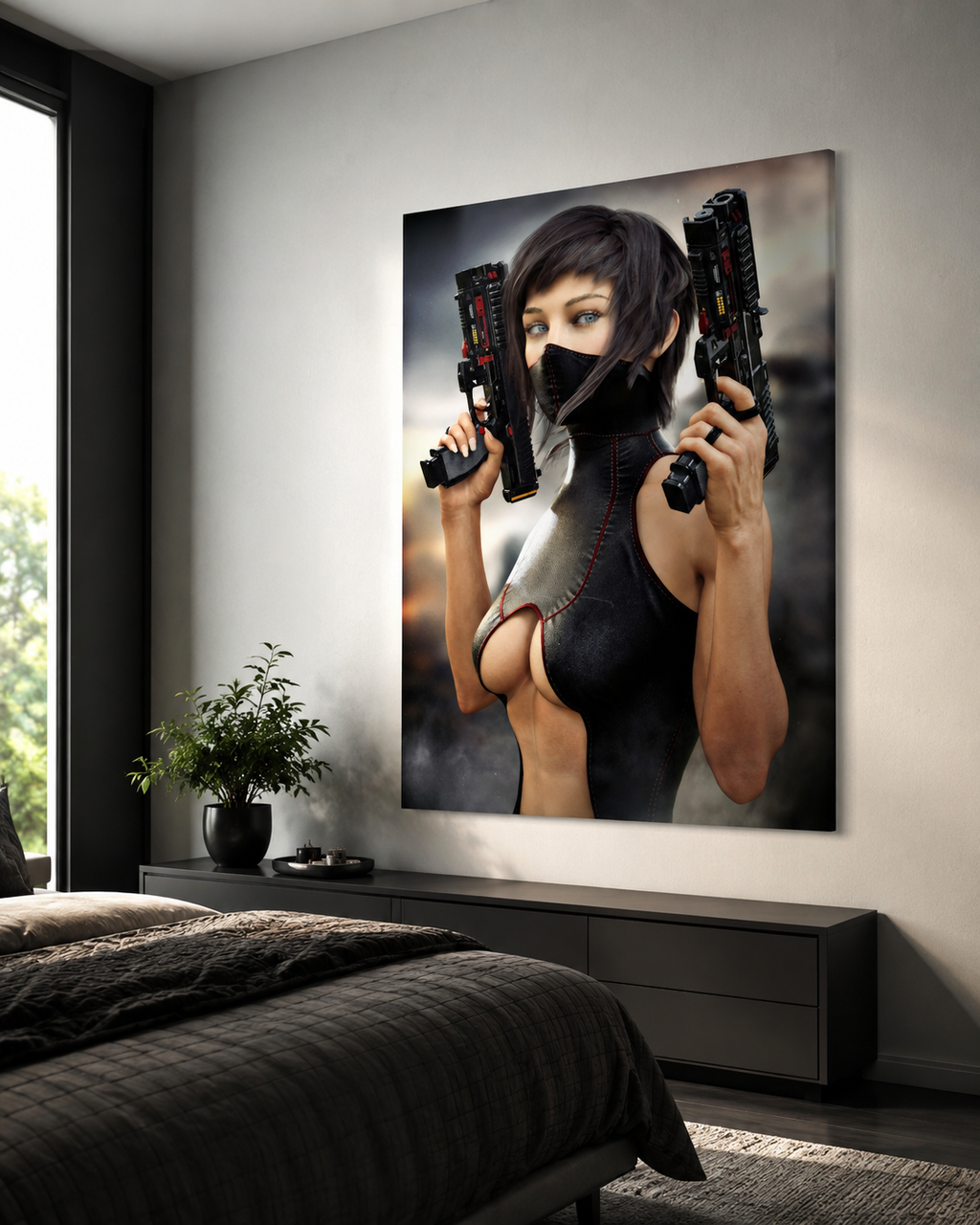 Masked female sci-fi warrior holding dual futuristic pistols in black cyberpunk tactical clothing with red accents