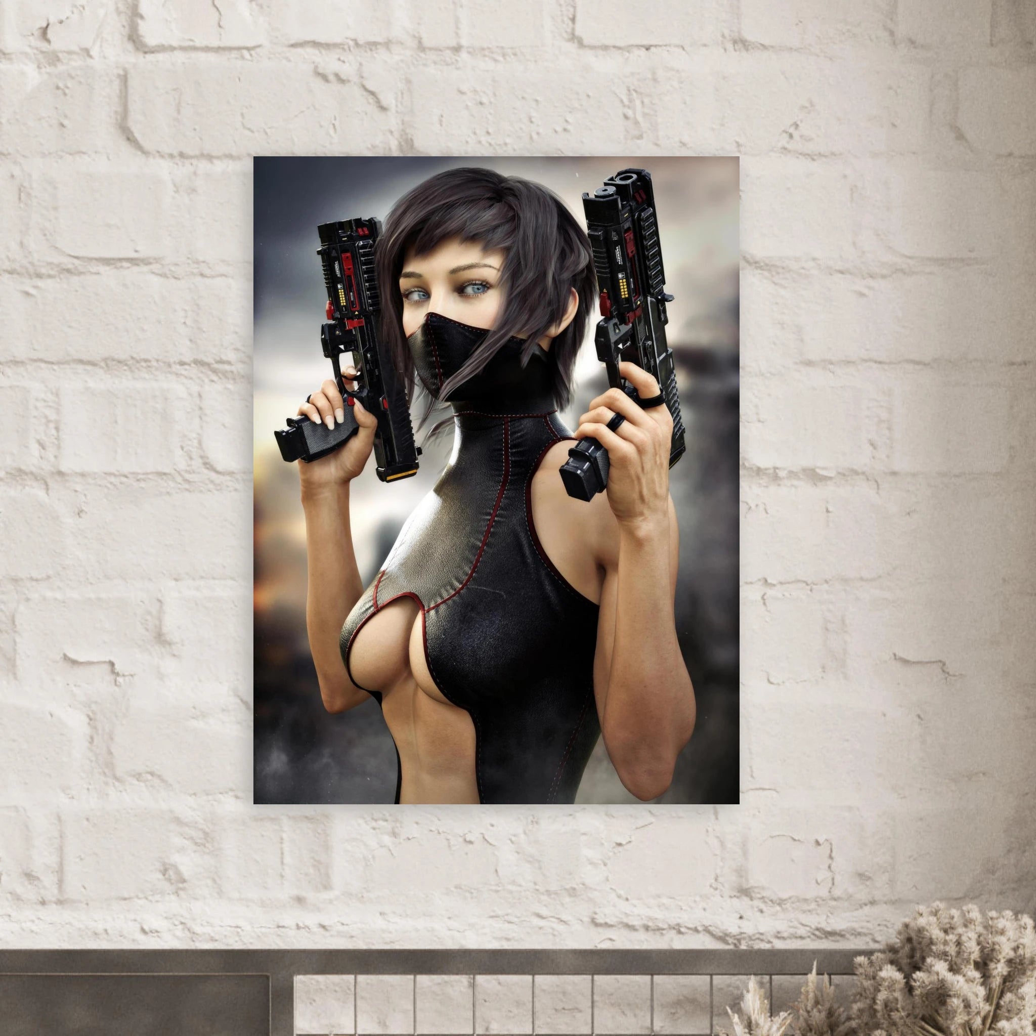 Masked female sci-fi warrior holding dual futuristic pistols in black cyberpunk tactical clothing with red accents