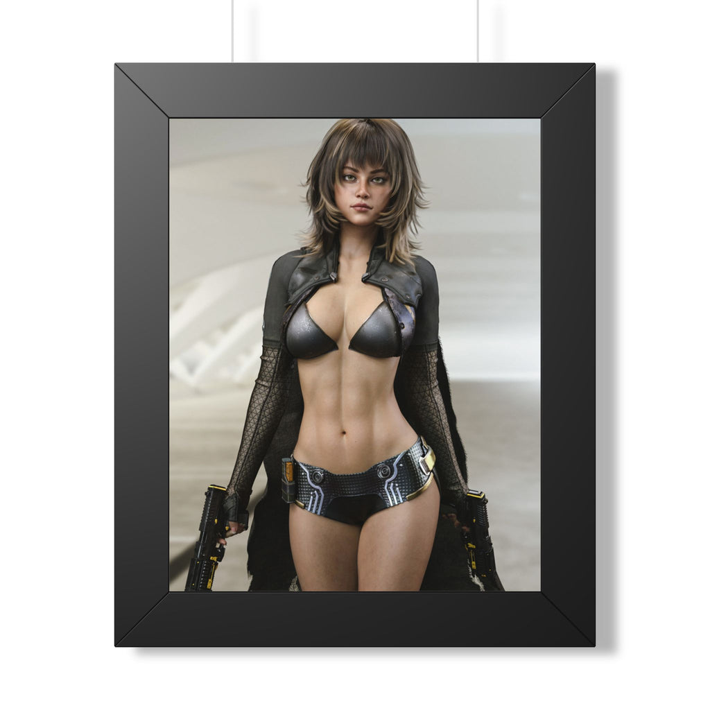 Sci-fi wall art featuring a futuristic female shock trooper with dual pistols, advanced armor, and cyberpunk styling in a sleek high-tech setting.