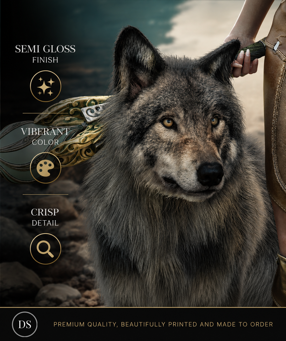Wolf companion close-up from the original Druid and Wolf fantasy wall art by Digital Storm Cinema.